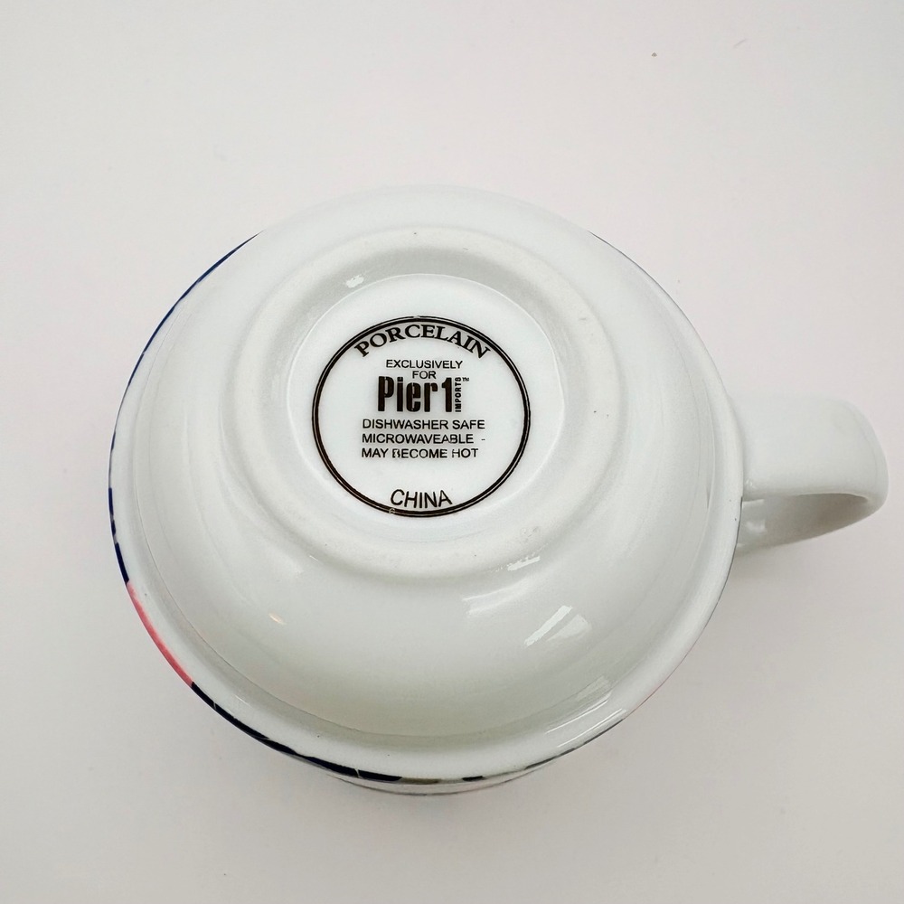 Pier 1 Coffee Tea Mug Stackable Navy Blue Floral Create Gold Script Small Chip - Picture 6 of 7